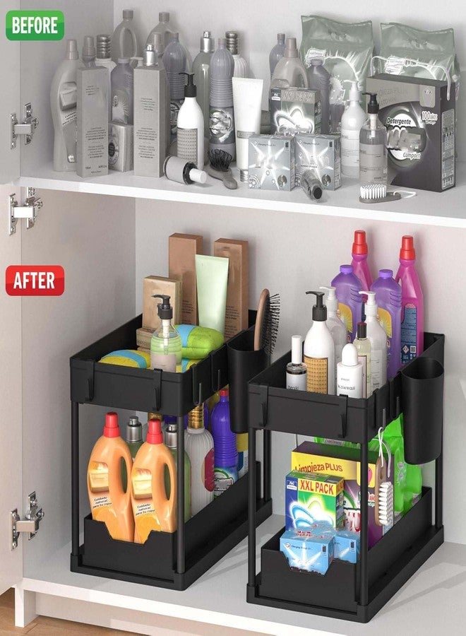 Go Hooked 2-Tier Under Sink Organizer Rack for Home & Bathroom with 5 Hooks & Cup | Sliding Basket Shelf Stand for Bathroom, Laundry, Pantry & Office | Durable Metal Frame with Perforated Design - Image 5